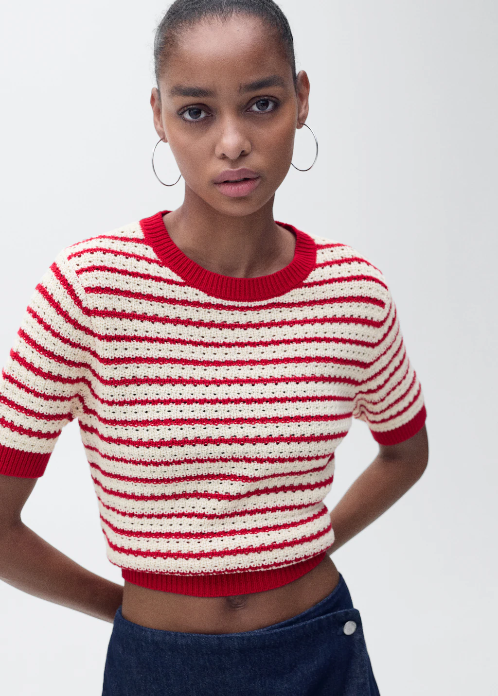 Striped short-sleeved crochet sweater