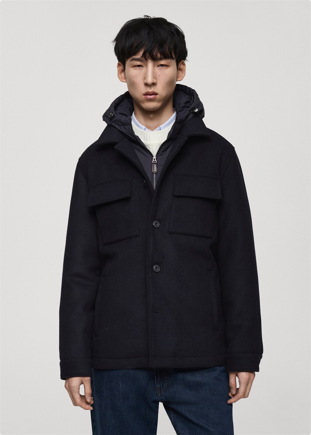 Wool blend coat with detachable hood