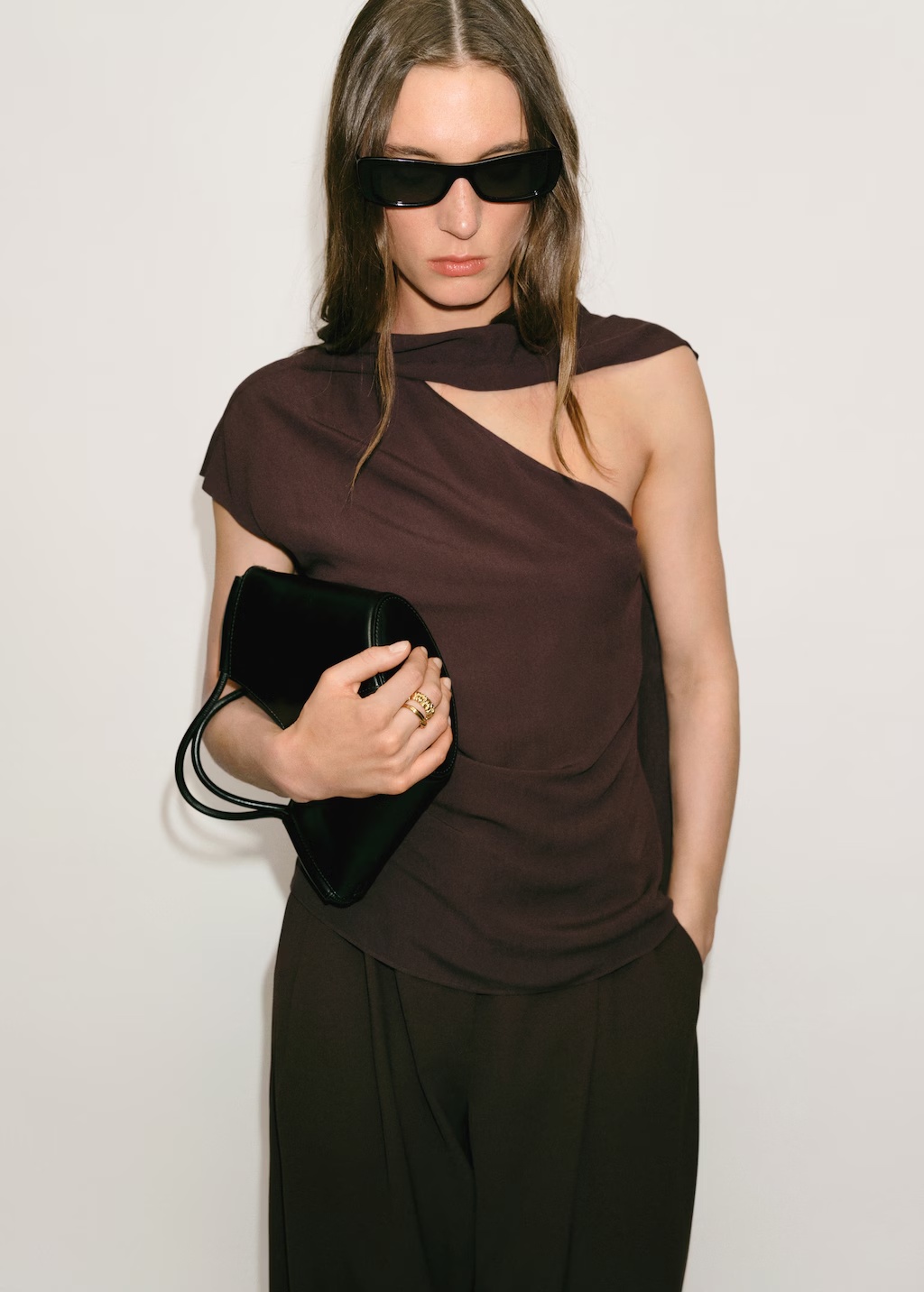 Asymmetrical scarf blouse with fringe detail