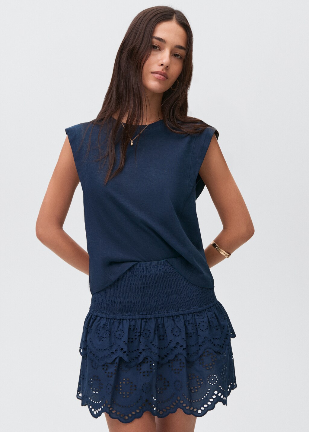 Swiss-embroidered ruffled skirt
