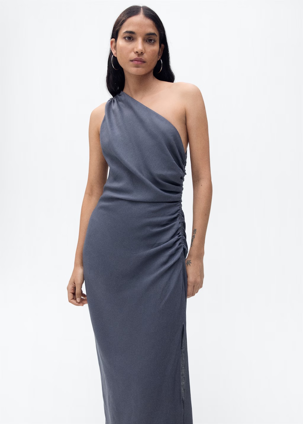 Asymmetrical dress with gathered details