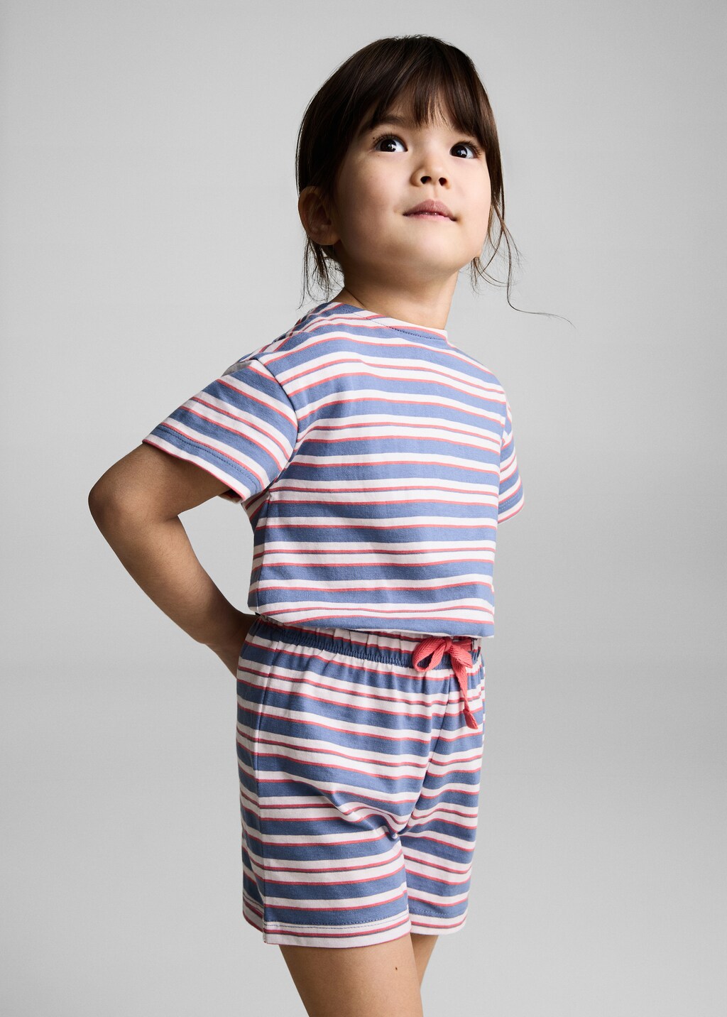 Short striped jumpsuit with drawstring