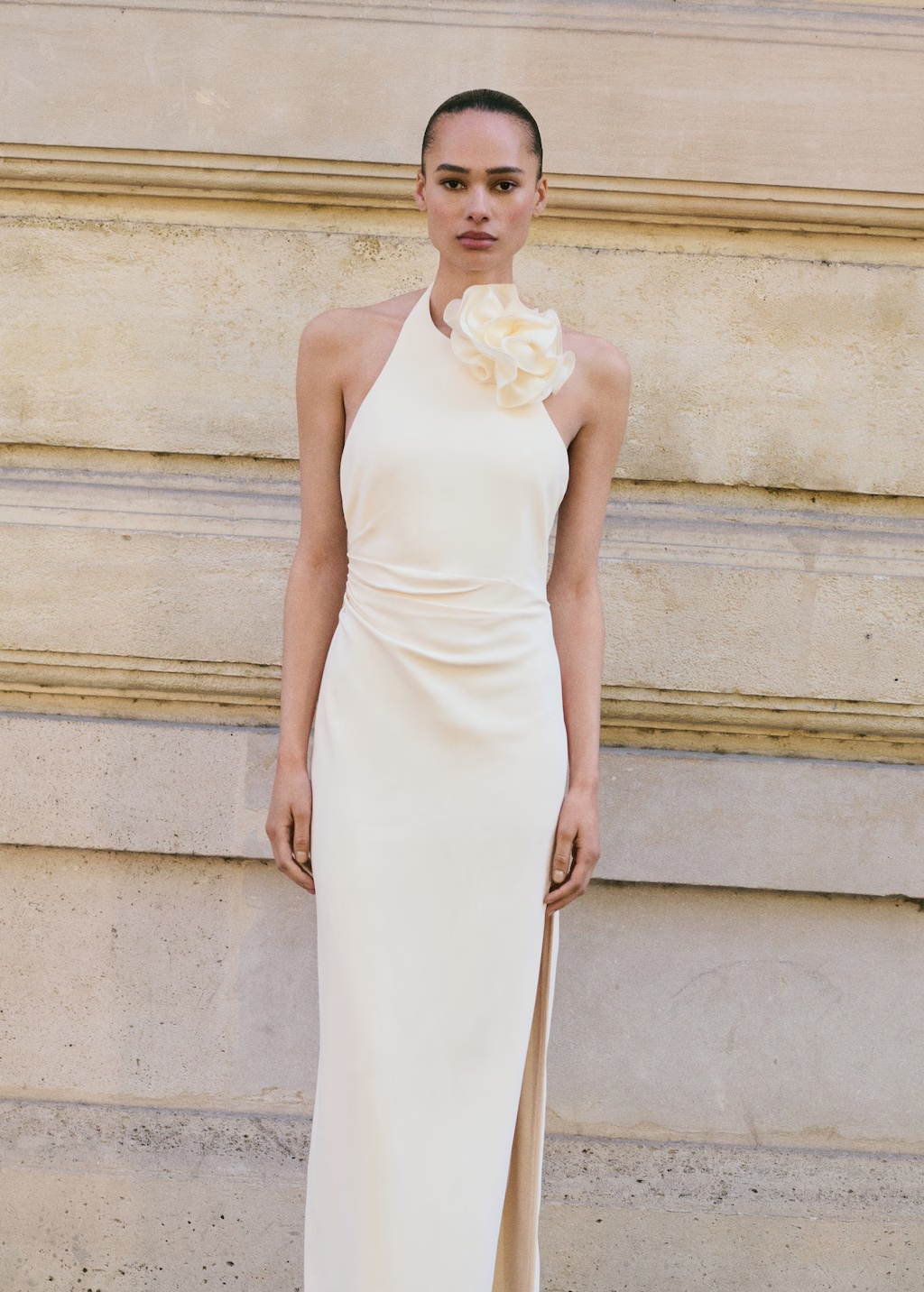 Draped halter-neck dress with flower motif