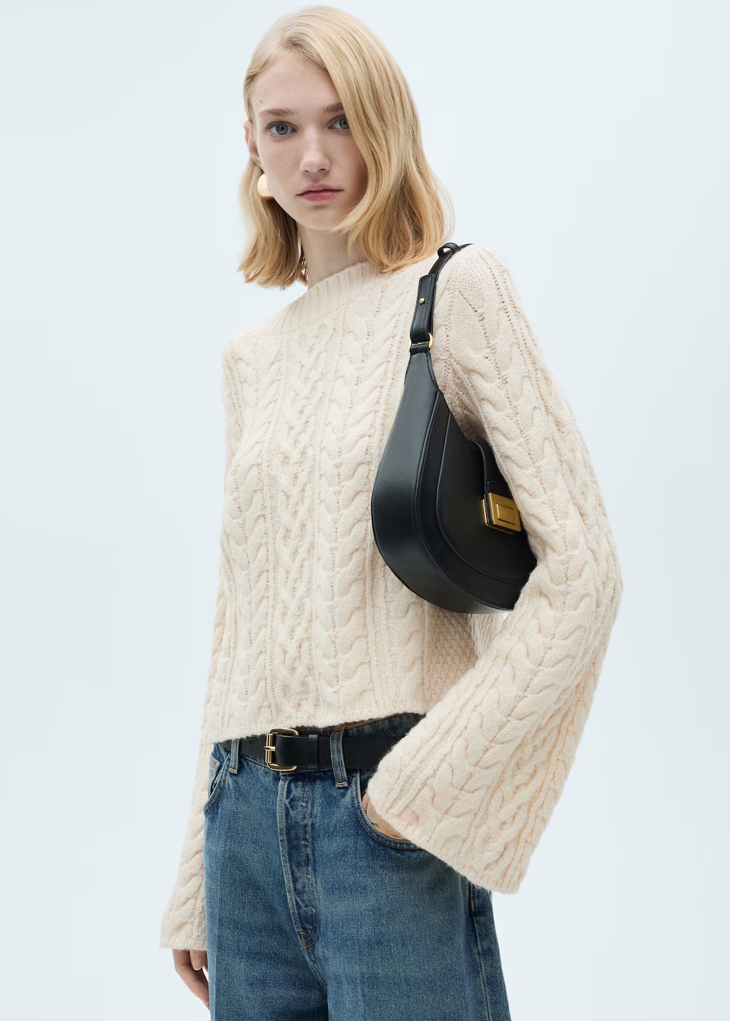 Twisted knitted flared-sleeve sweater