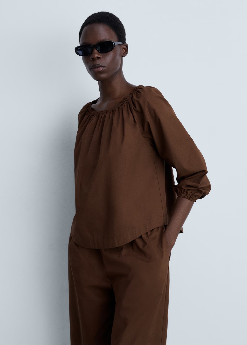 Cotton blouse with gathered neck