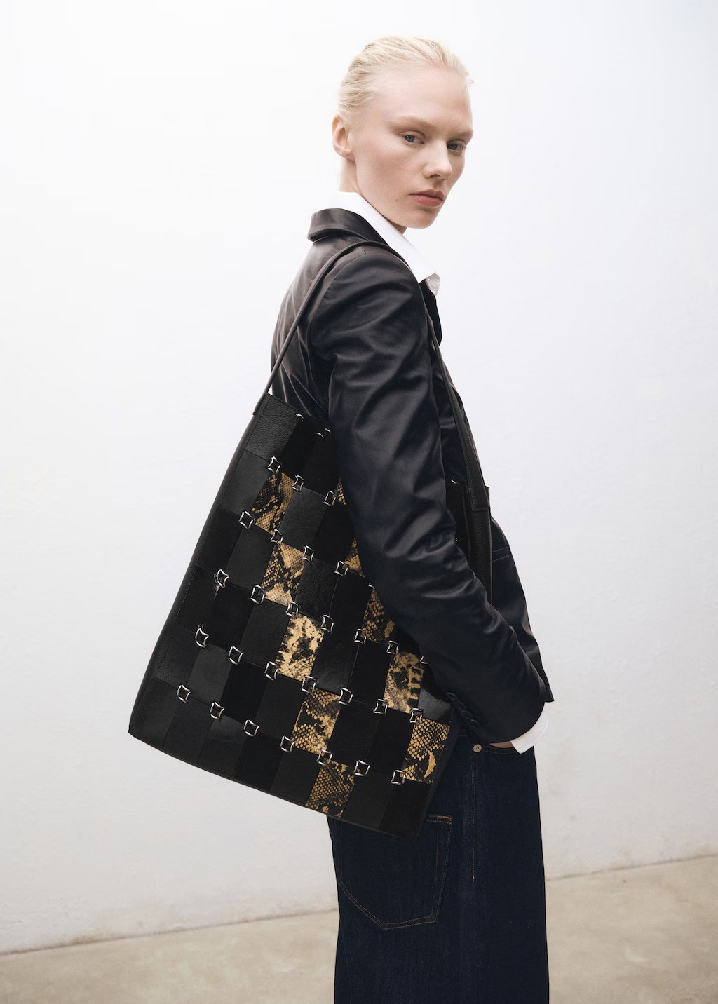 Combined-patchwork leather shopper bag