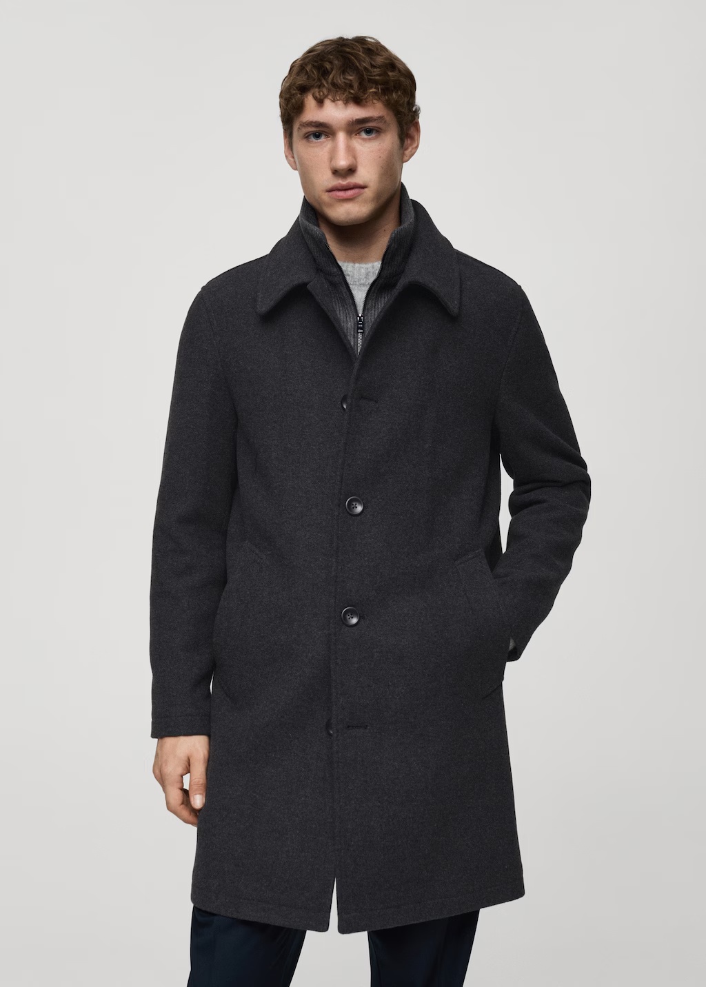 Wool coat with detachable corduroy breastplate