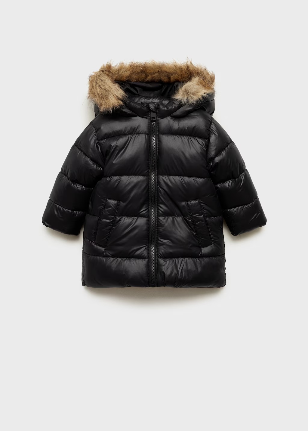 Quilted coat with fur-effect hood