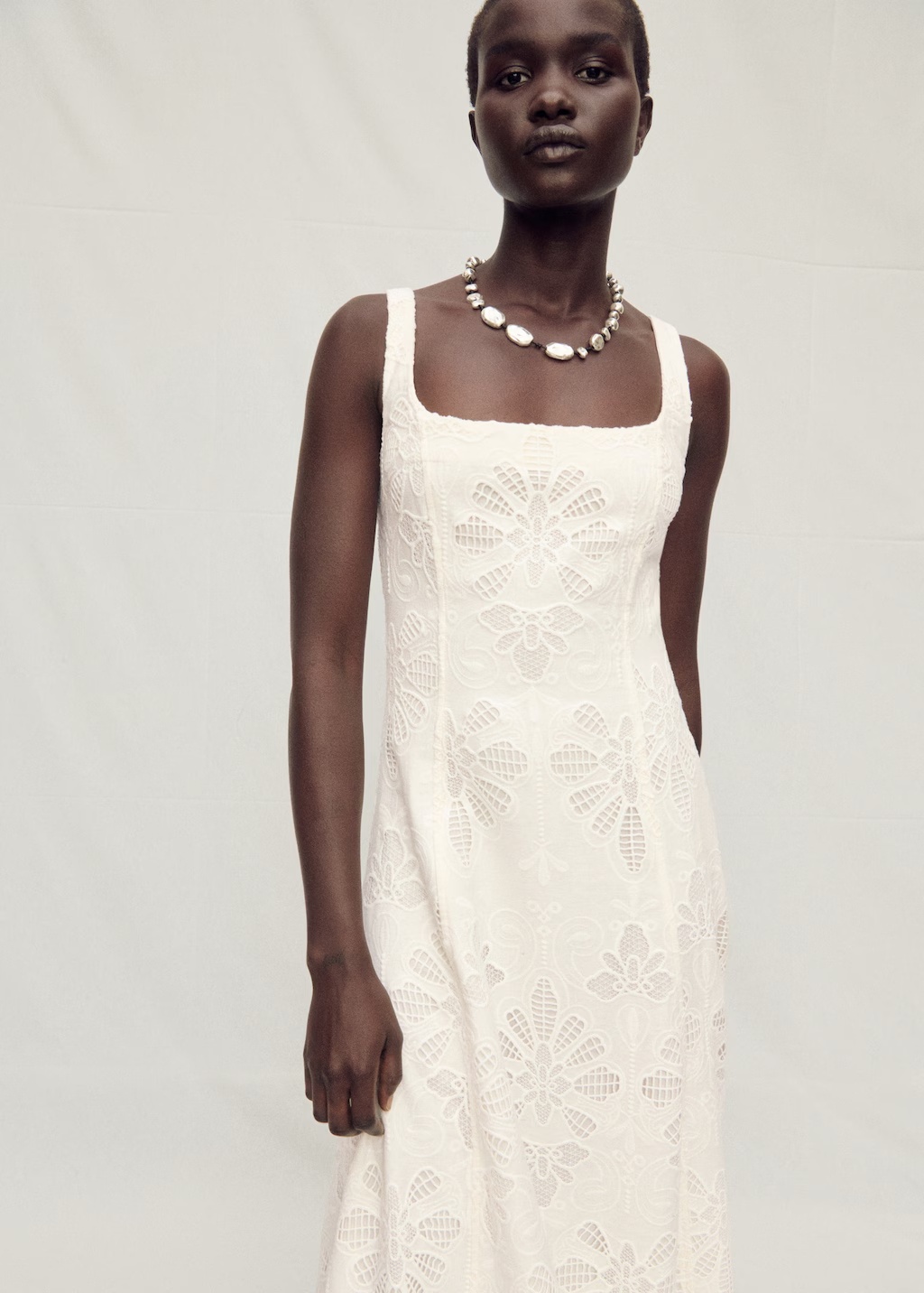 Linen floral-embroidered flared dress