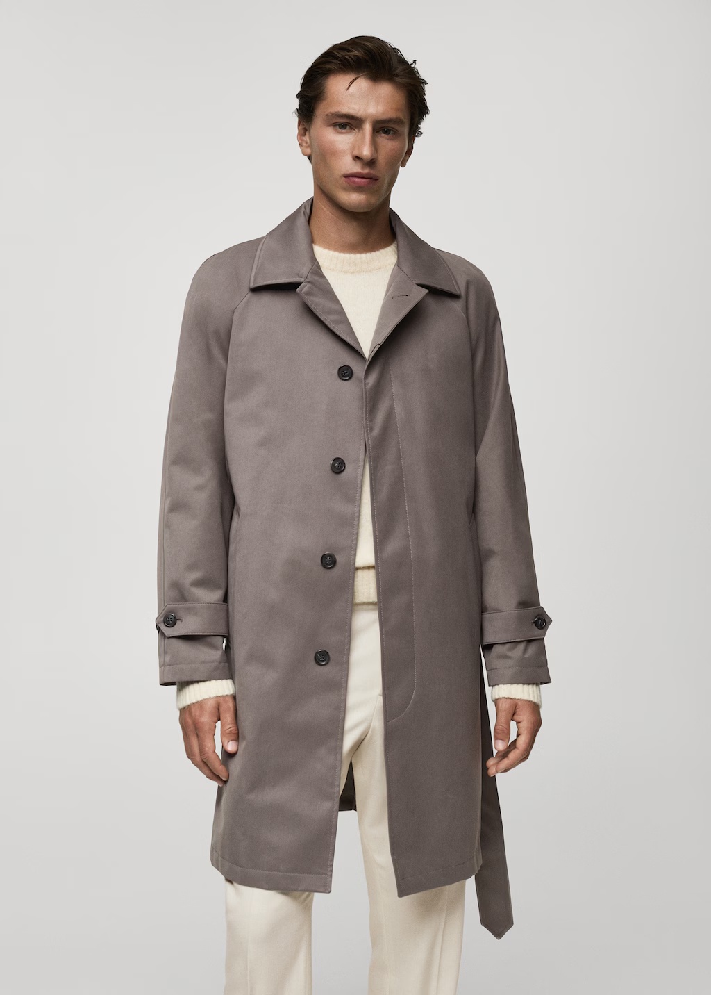 Belted trench coat with brushed finish