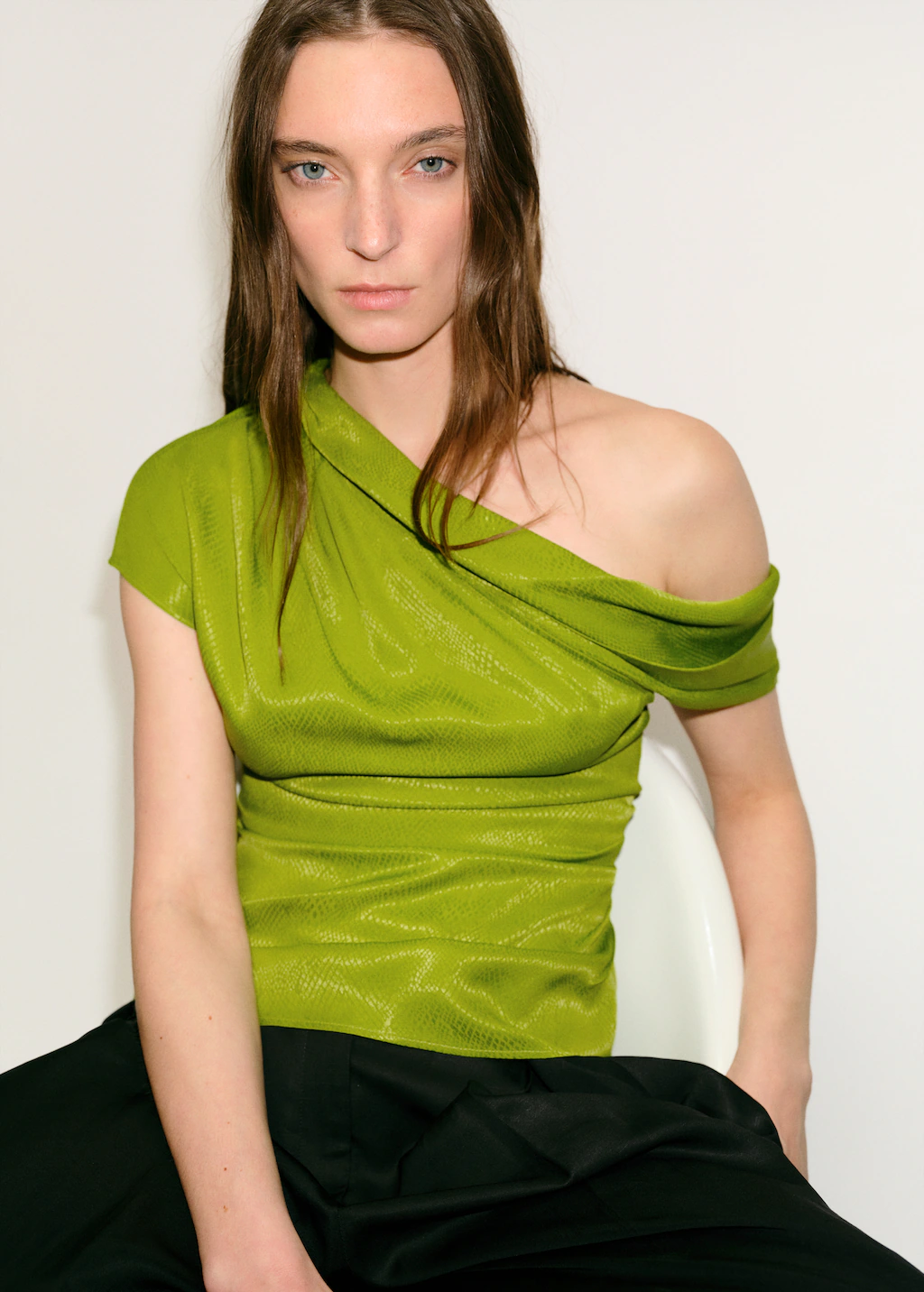 Satin blouse with asymmetrical neck