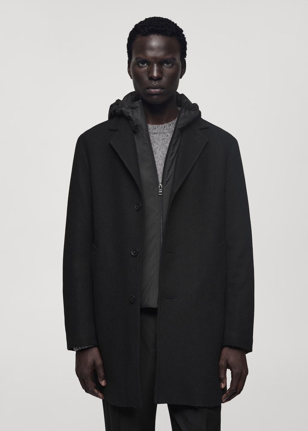 Wool coat with quilted interior hood