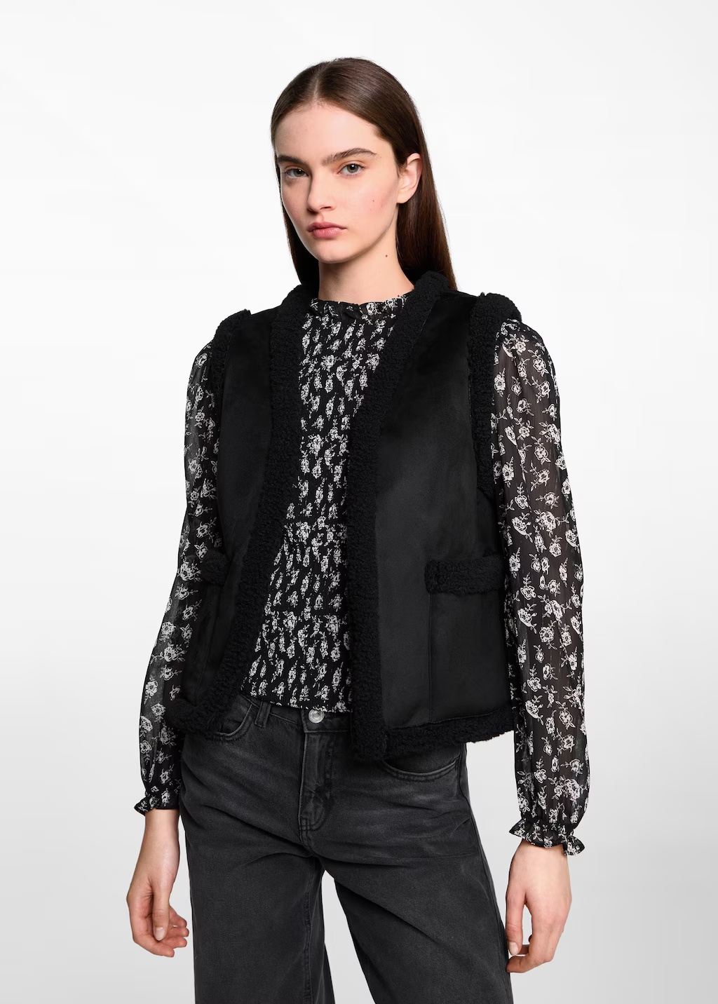 Combined shearling-effect gilet